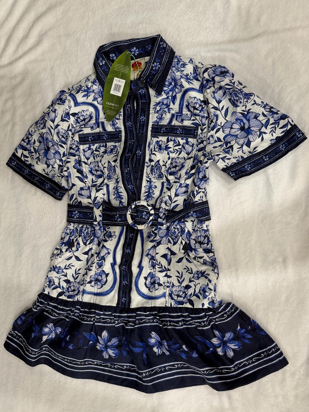 FARM Rio Blue and White Floral Belted Shirt Dress